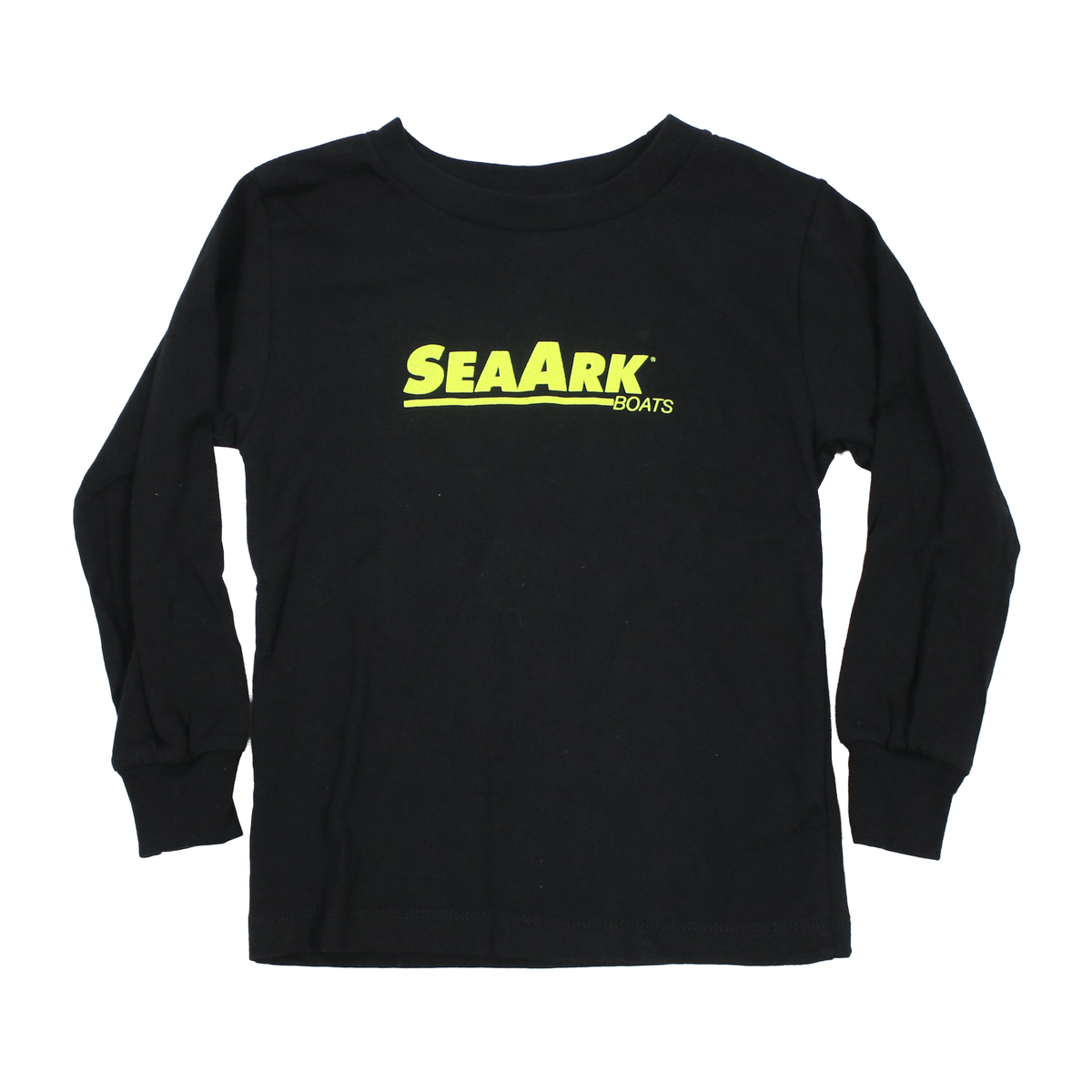A black long-sleeve t-shirt with a bright yellow-green 'SEAARK BOATS' logo printed across the chest, displayed flat against a solid white background.