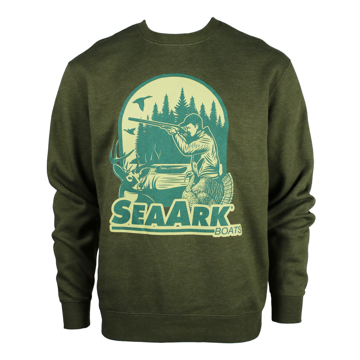 An olive green crewneck sweatshirt featuring a large vintage-style graphic on the chest with a hunter, a buck, a turkey, flying ducks, and the text 'SEAARK BOATS'.