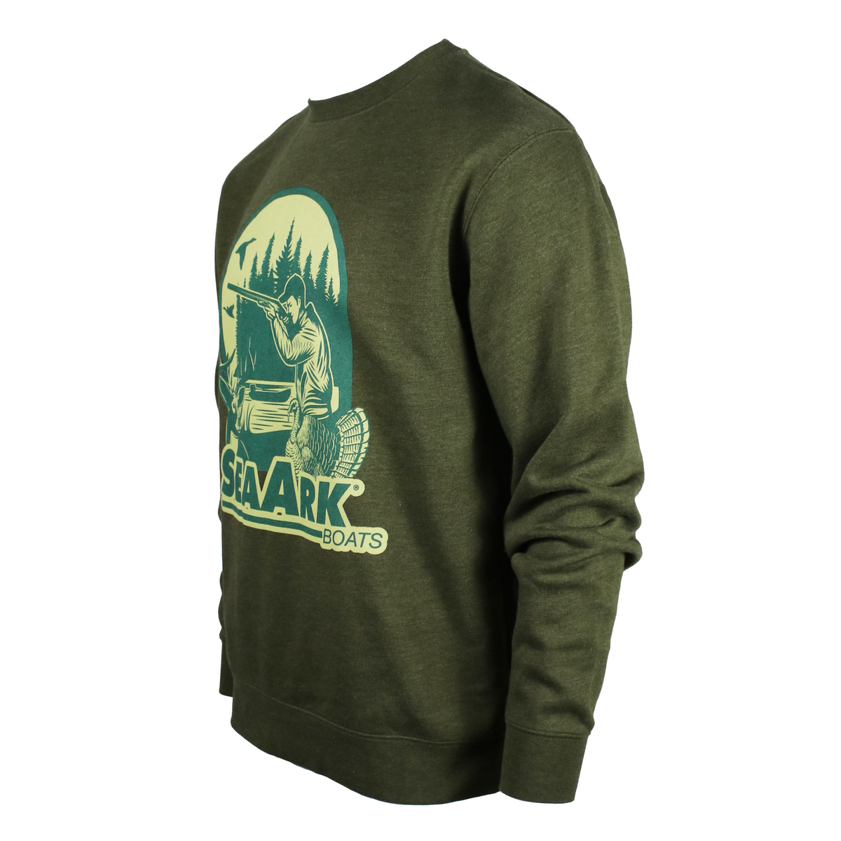 Side of an olive green crewneck sweatshirt featuring a large vintage-style graphic on the chest in shades of green.