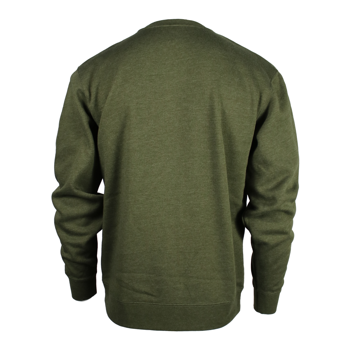 The back view of a crewneck sweatshirt in olive green, displayed on a clean white background.