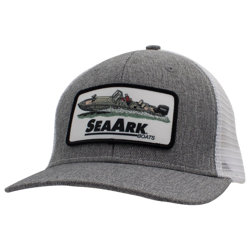 A heather gray and white mesh trucker hat featuring a rectangular patch on the front with an illustration of a boat and the text 'SEAARK BOATS'.
