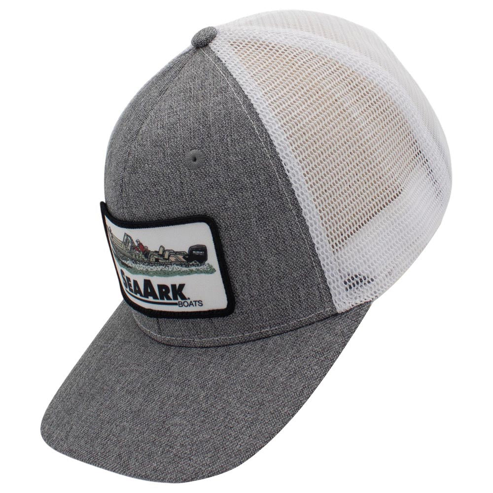 Side of a heather gray trucker hat with a white mesh back, featuring a rectangular patch on the front with the brand name 'SeaArk Boats' and a boat illustration.