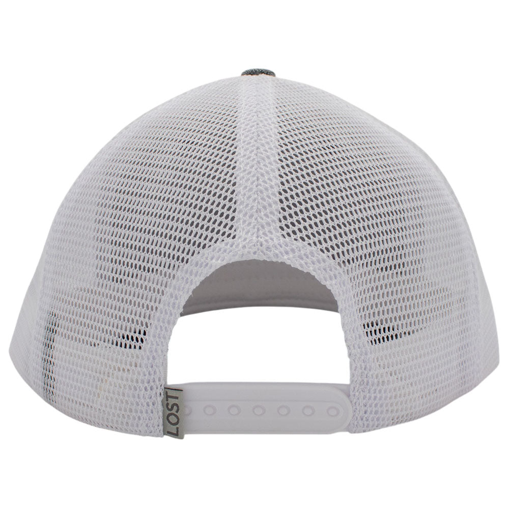 White mesh trucker cap with a white adjustable snap strap.