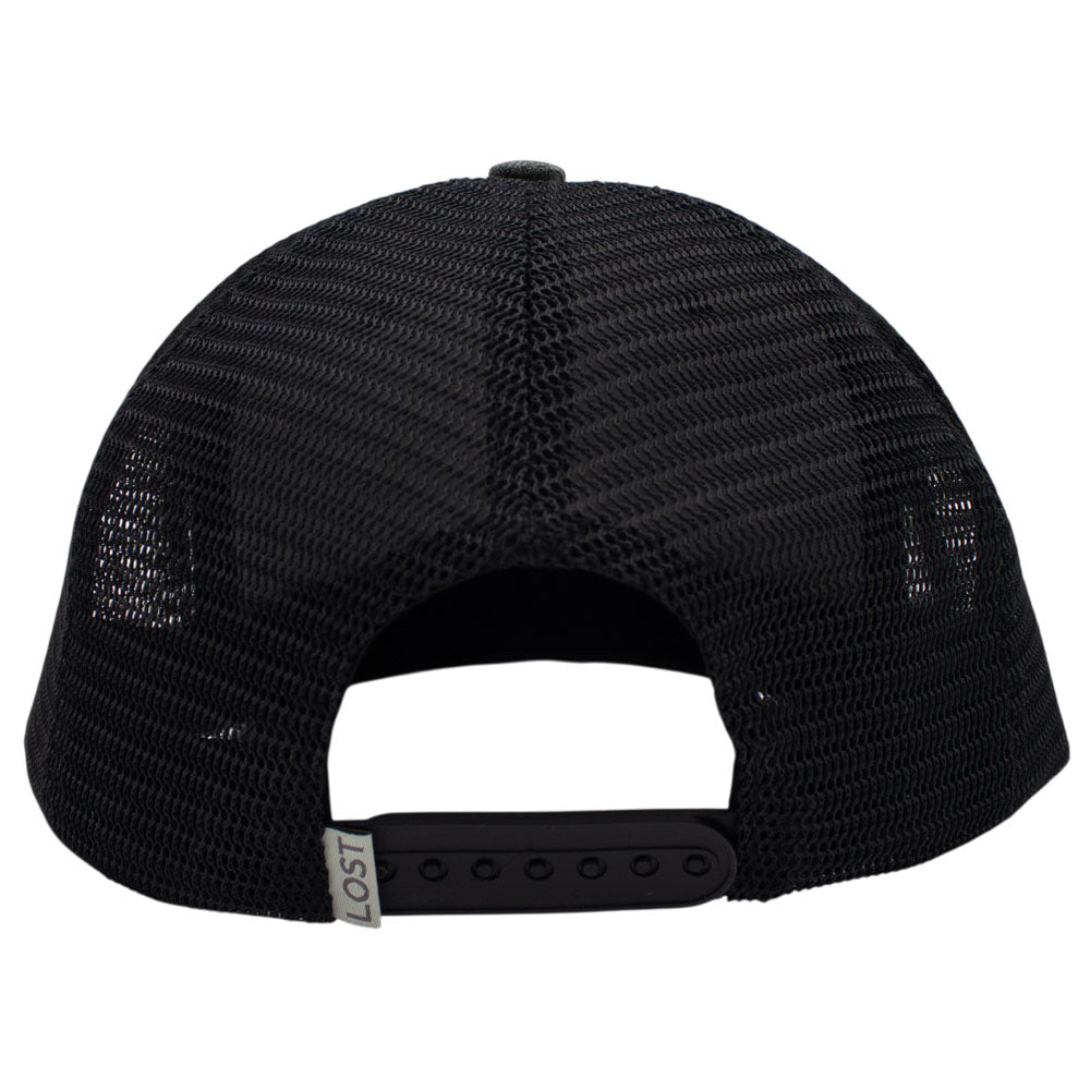Black mesh trucker cap shown from the back, featuring a black adjustable snap strap.