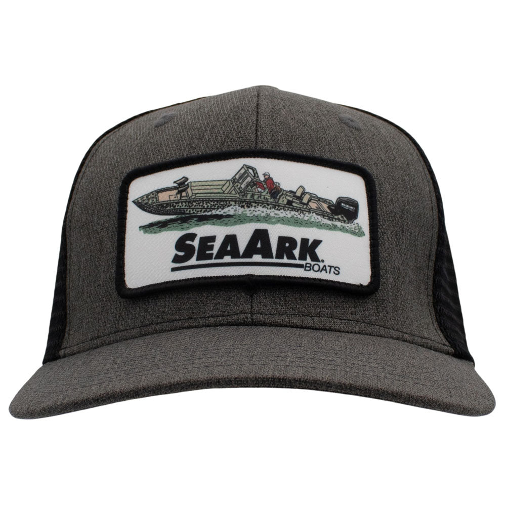 A dark gray heather trucker hat with black mesh side panels and a rectangular patch on the front.