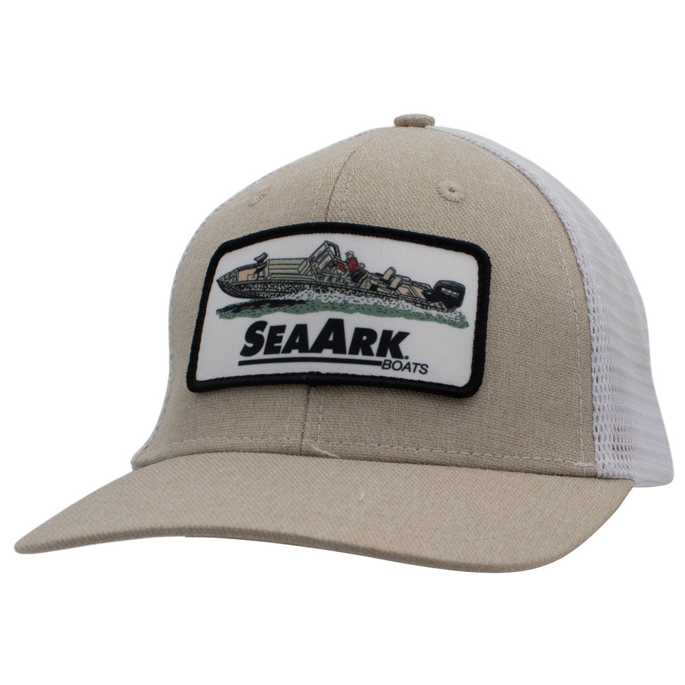 A beige and white mesh trucker hat featuring a rectangular patch on the front with an illustration of a boat and the text 'SEAARK BOATS'.