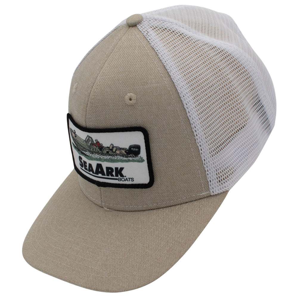 Side of a beige and white trucker hat with a white mesh back, featuring a rectangular patch on the front with the brand name 'SeaArk Boats' and a boat illustration.