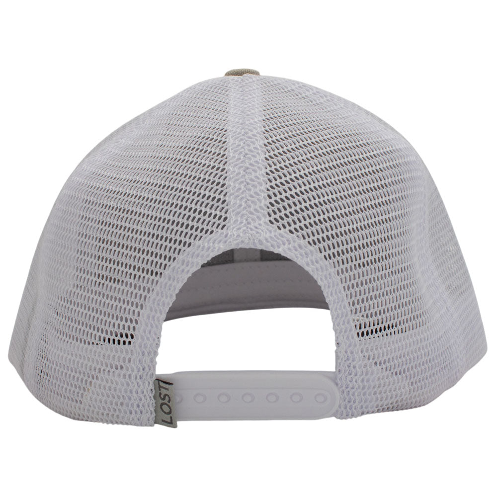 White mesh trucker cap shown from the back, featuring a white adjustable snap closure.
