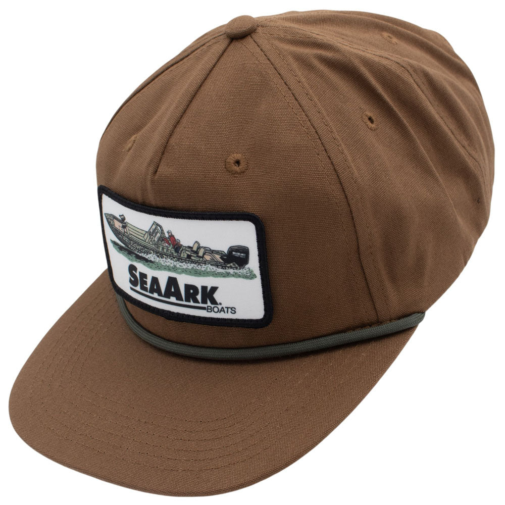 Side of a brown 5-panel baseball cap with a white patch on the front displaying a boat illustration and the text 'SEAARK BOATS', finished with a black rope tied around the brim.