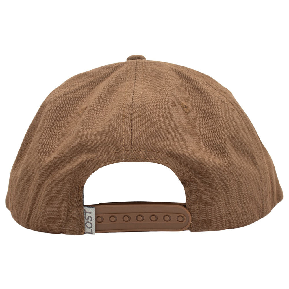 The back view of a brown baseball cap with an adjustable strap and a small gray tag that reads 'LOST'.