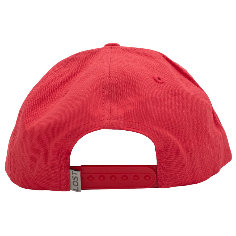 The back view of a red baseball cap with an adjustable strap and a small gray tag that reads 'LOST'.