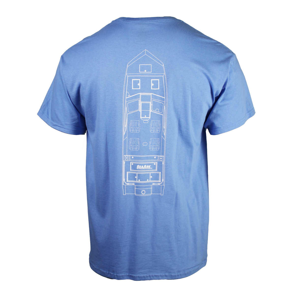 Light blue tee with a white boat outline containing the Sea Ark logo down the spine.