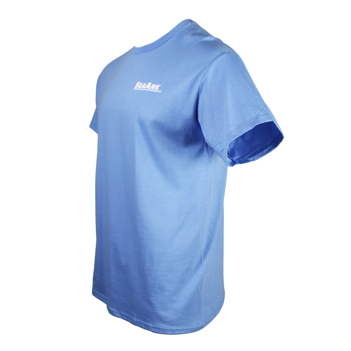 A light blue short-sleeve t-shirt shown from a three-quarters angle, featuring a small white 'SEA ARK' logo printed on the left chest, set against a plain white background.