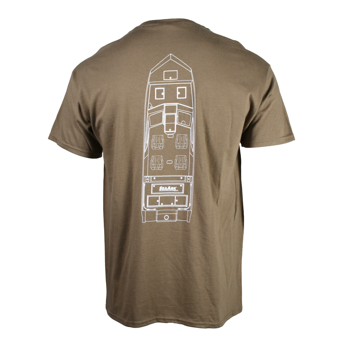 Brown tee with a white boat outline containing the Sea Ark logo down the spine.
