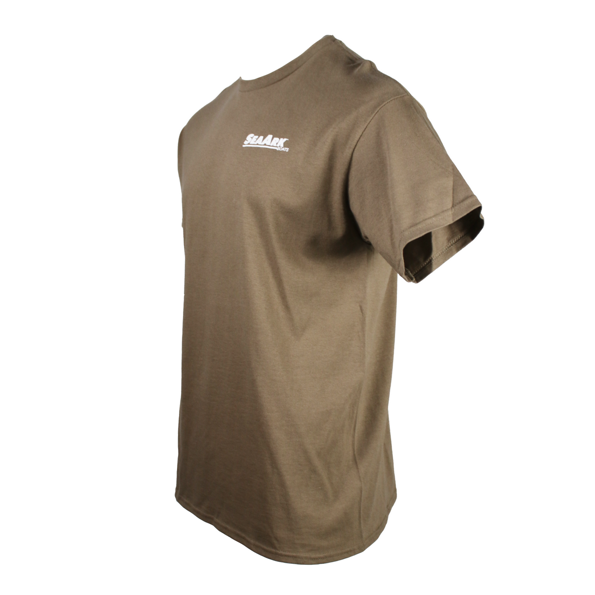 A light brown short-sleeve t-shirt shown from a three-quarters angle, featuring a small white 'SEA ARK' logo printed on the left chest, set against a plain white background.