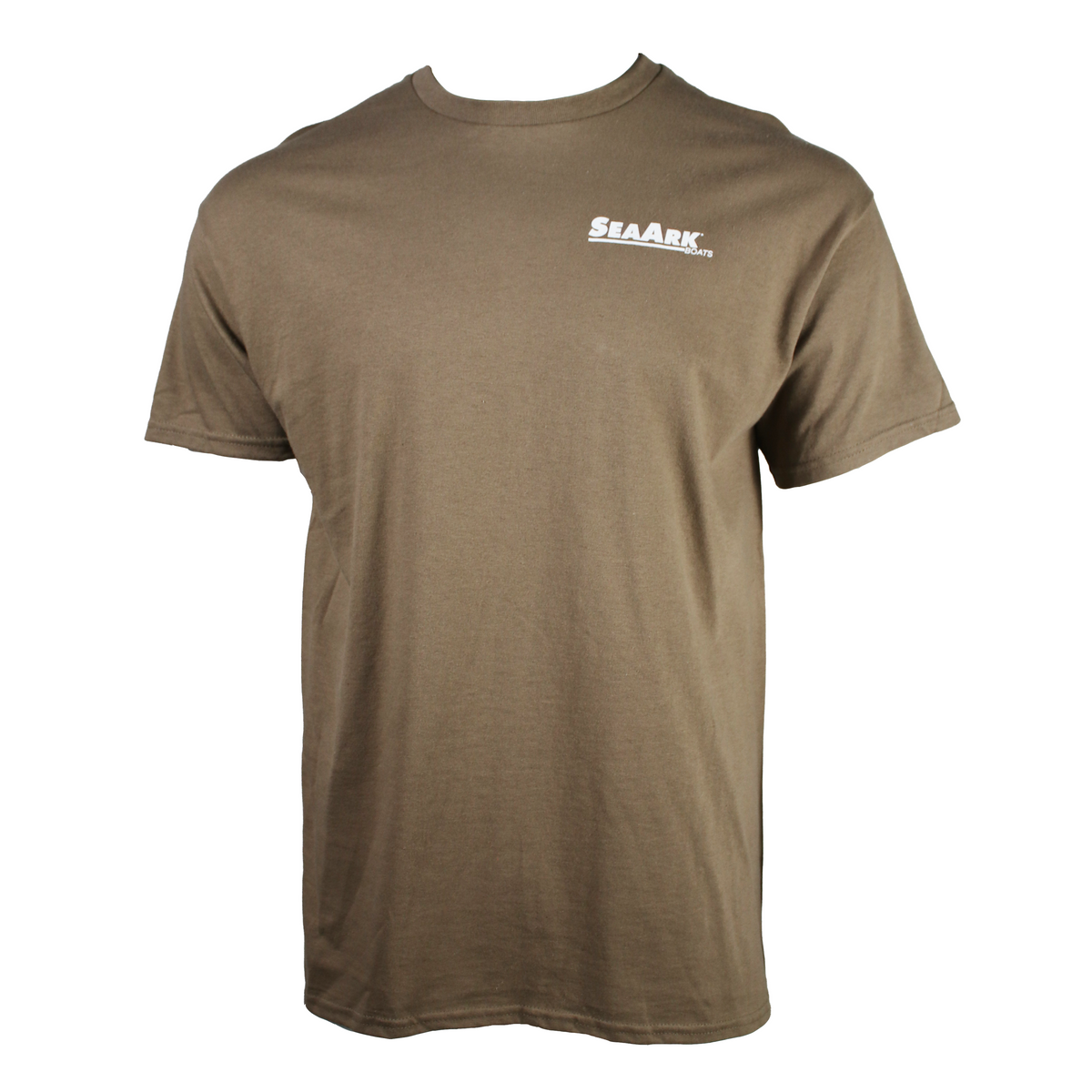 A light brown tee with a white Sea Ark logo on the left chest.