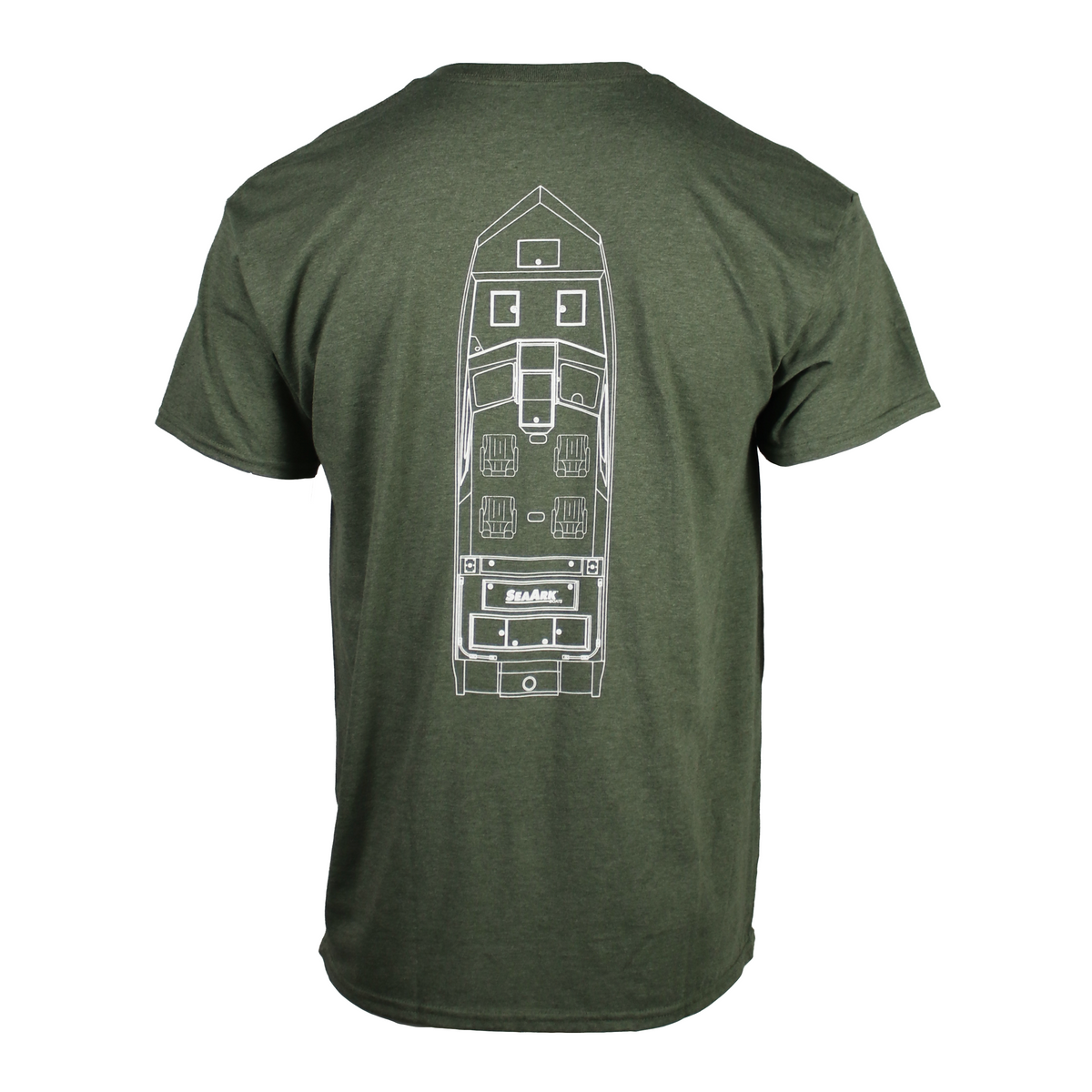 Green heathered tee with a white boat outline containing the Sea Ark logo down the spine.