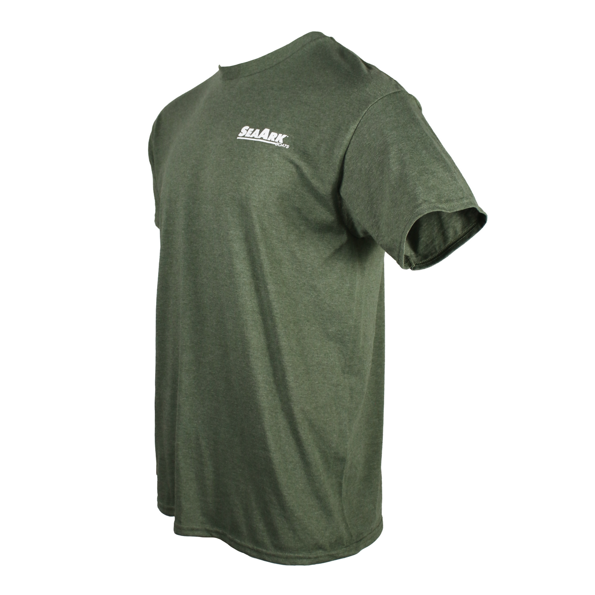 A heather green short-sleeve t-shirt shown from a three-quarters angle, featuring a small white 'SEA ARK' logo printed on the left chest, set against a plain white background.