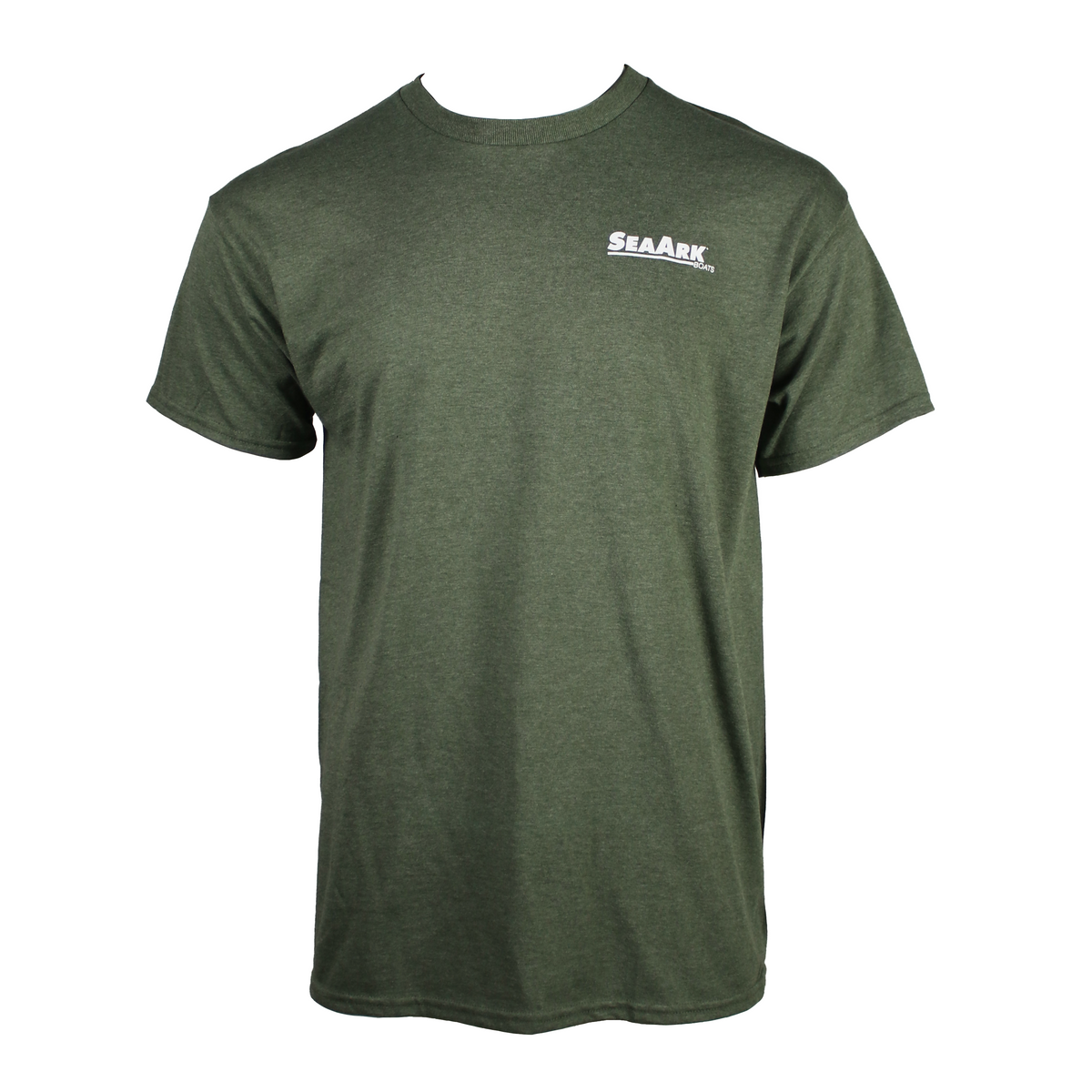 A dark green heathered tee with a white Sea Ark logo on the left chest.