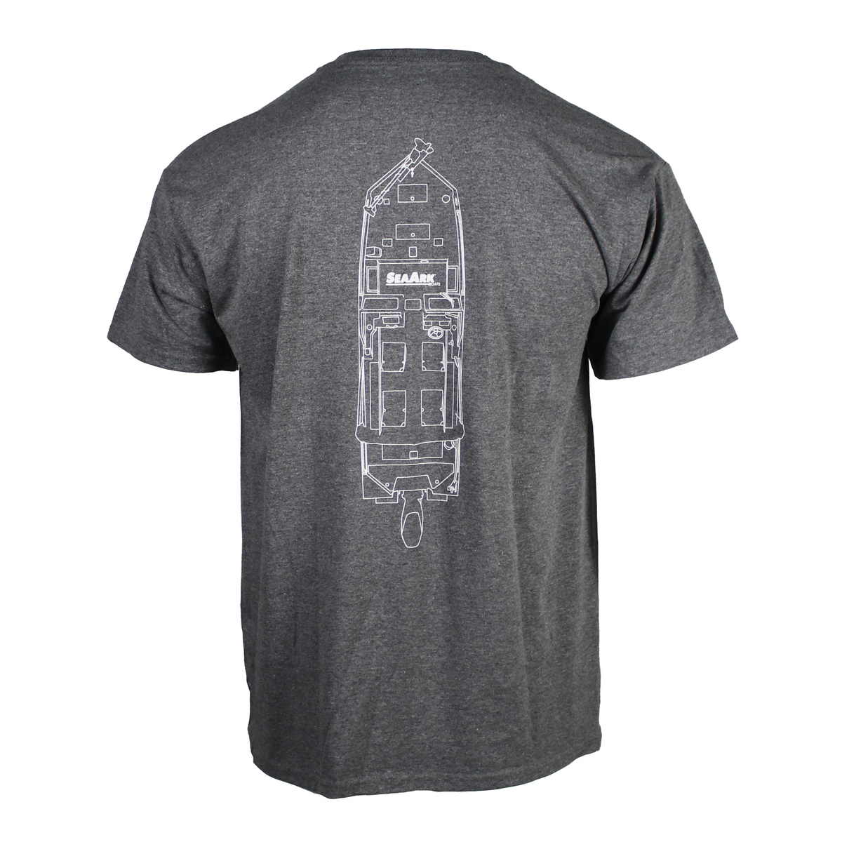 Grey heathered tee with a white boat outline containing the Sea Ark logo down the spine.