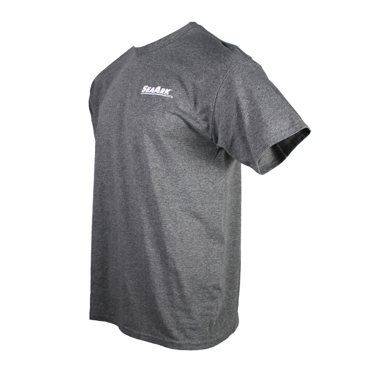 A heather grey short-sleeve t-shirt shown from a three-quarters angle, featuring a small white 'SEA ARK' logo printed on the left chest, set against a plain white background.
