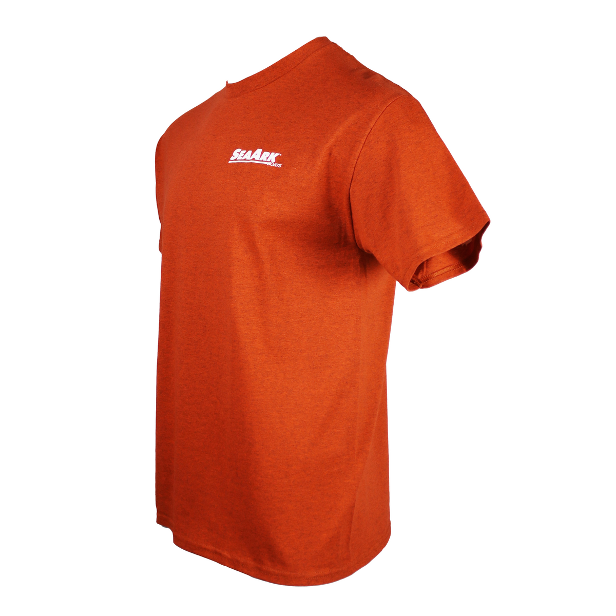 A heather orange short-sleeve t-shirt shown from a three-quarters angle, featuring a small white 'SEA ARK' logo printed on the left chest, set against a plain white background.