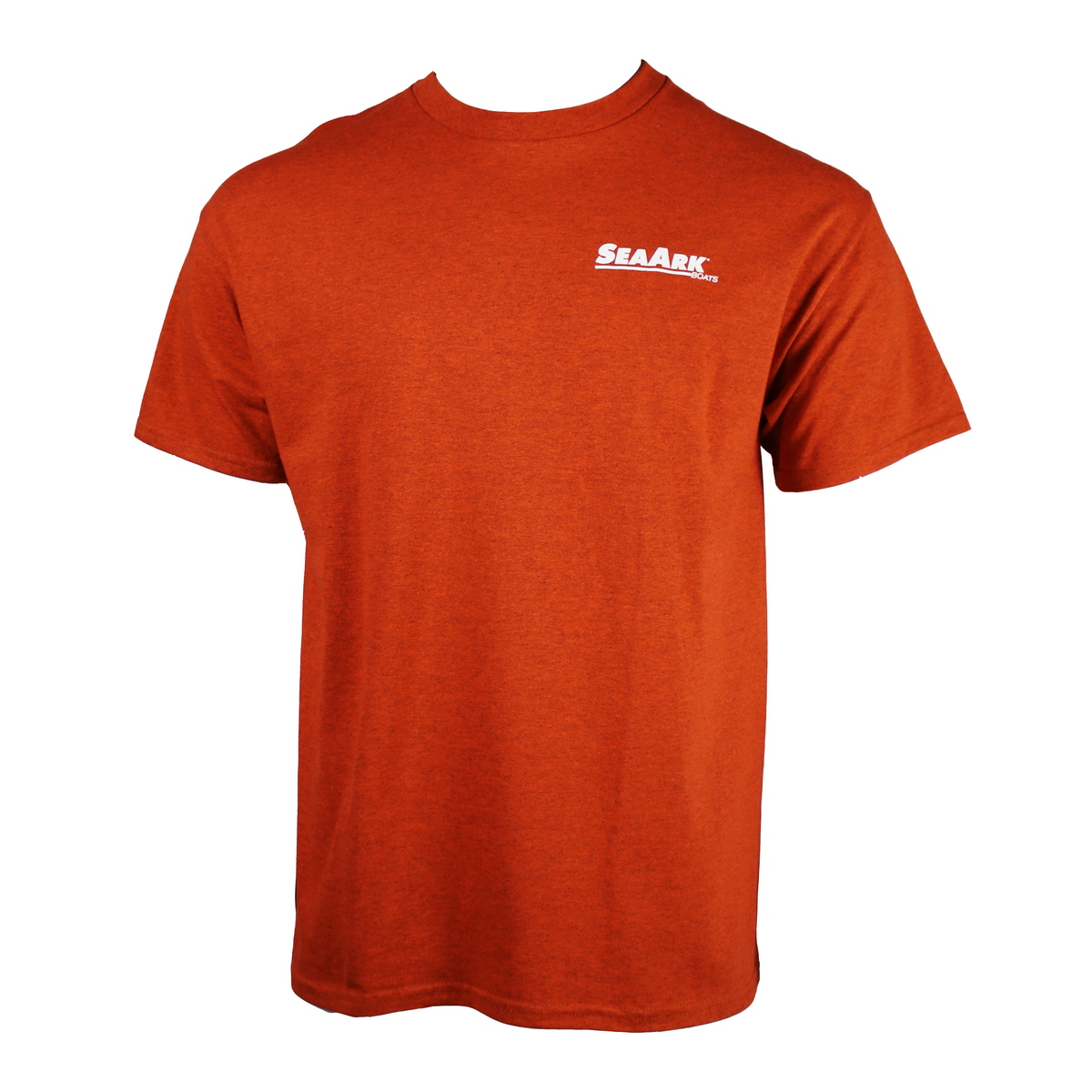 A bright orange heathered tee with a white Sea Ark logo on the left chest.