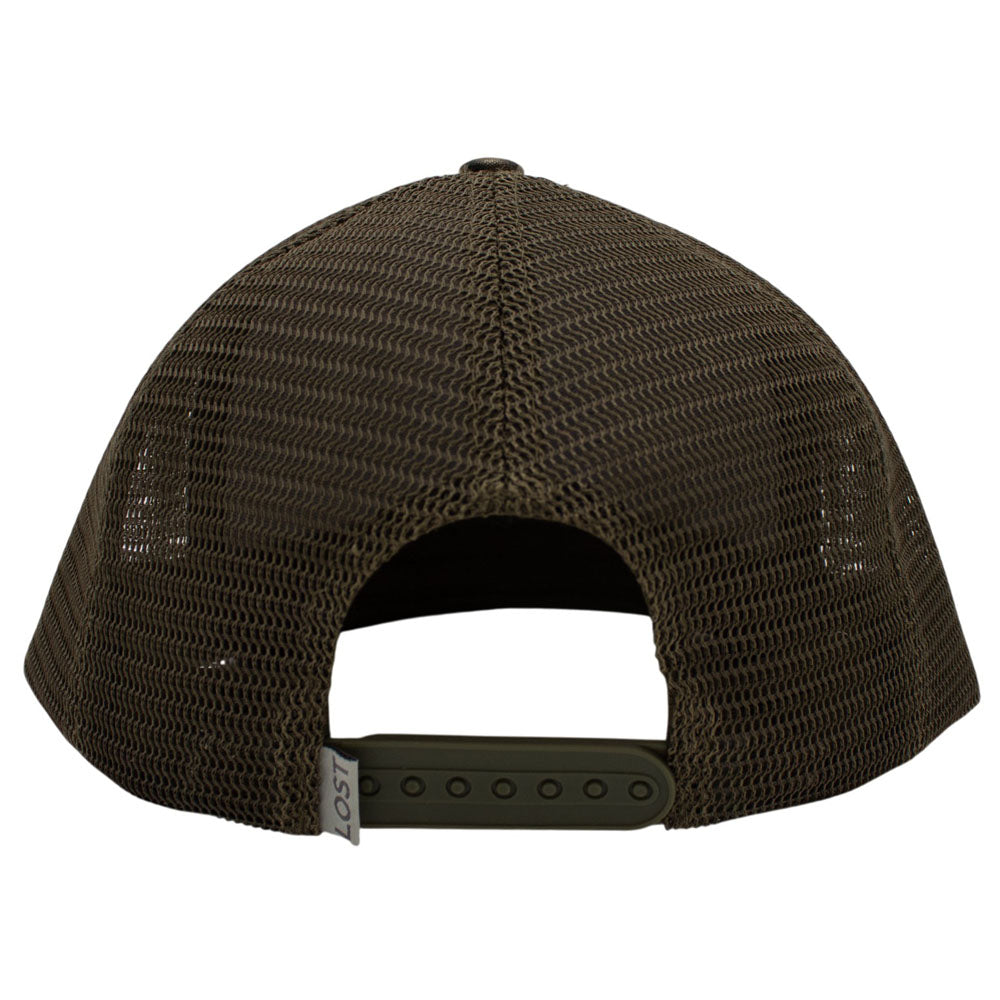 Rear view of a dark brown mesh back trucker hat with an adjustable snap closure.