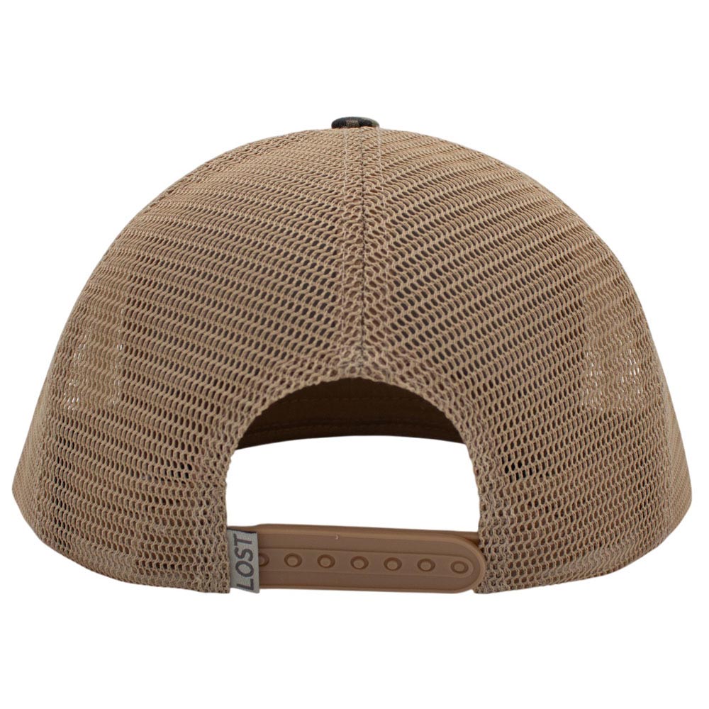 Back view of a tan mesh trucker hat with a tan adjustable strap and a small gray tag reading 'LOST'.