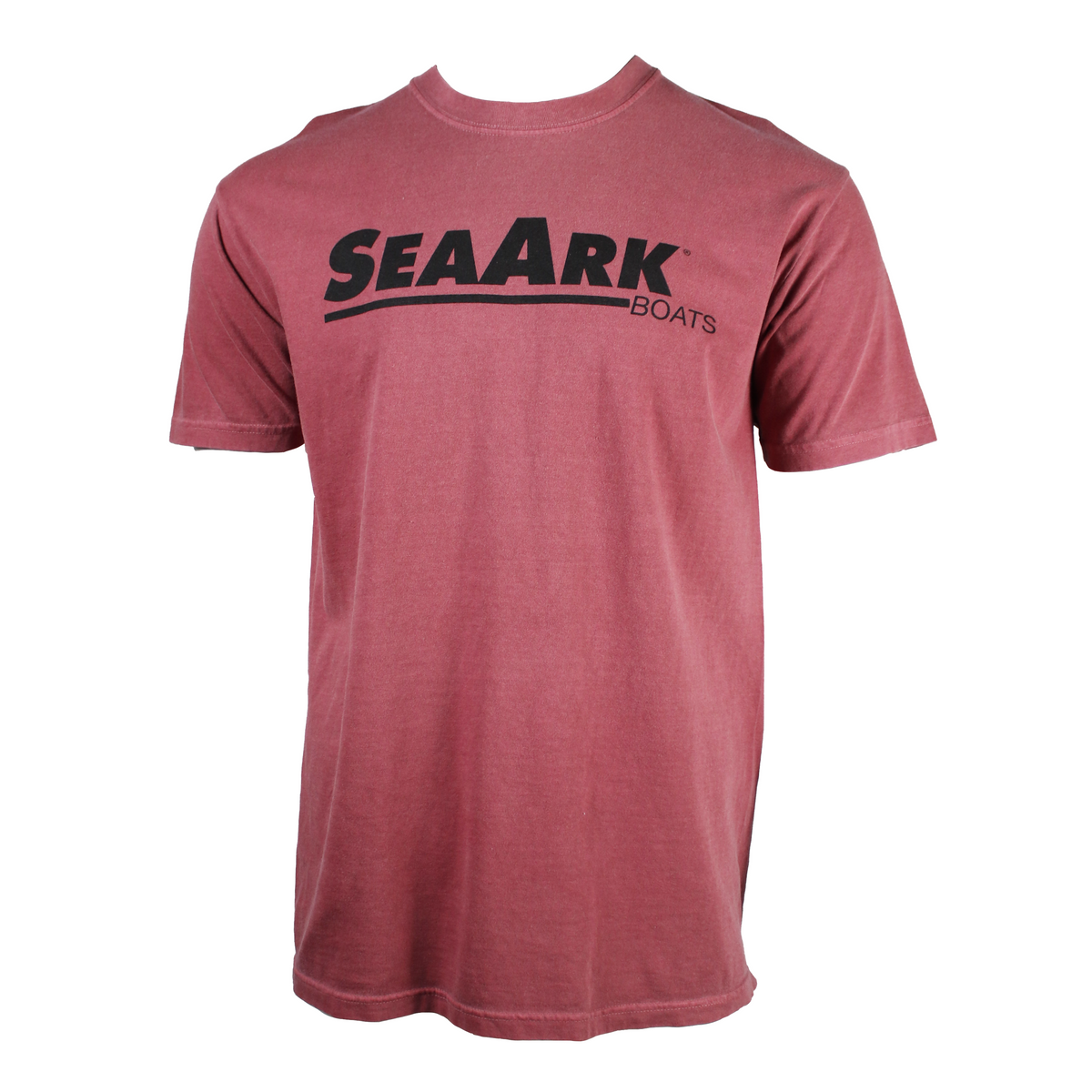 A short-sleeve crewneck t-shirt in a washed, heathered dusty red or mauve color, featuring the text 'SEAARK BOATS' printed in black across the chest.
