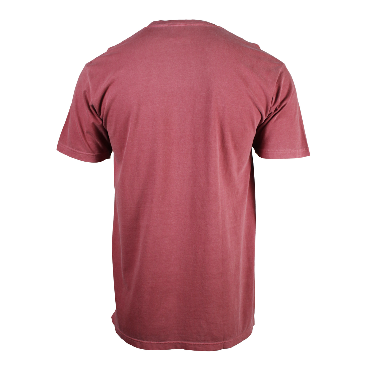Back of a brick red, short-sleeve t-shirt.