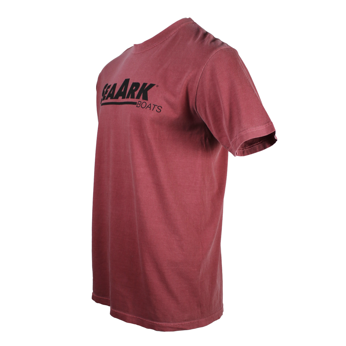 Side of a short-sleeve crewneck t-shirt in a washed, heathered brick red color, featuring the black 'SeaArk Boats' logo printed across the chest, shown against a plain white background.