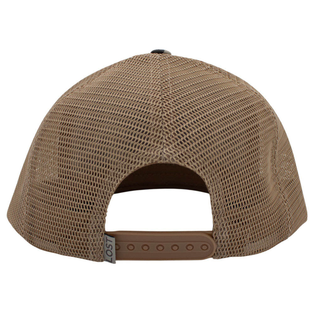 Back view of a tan mesh trucker cap with a brown adjustable strap.
