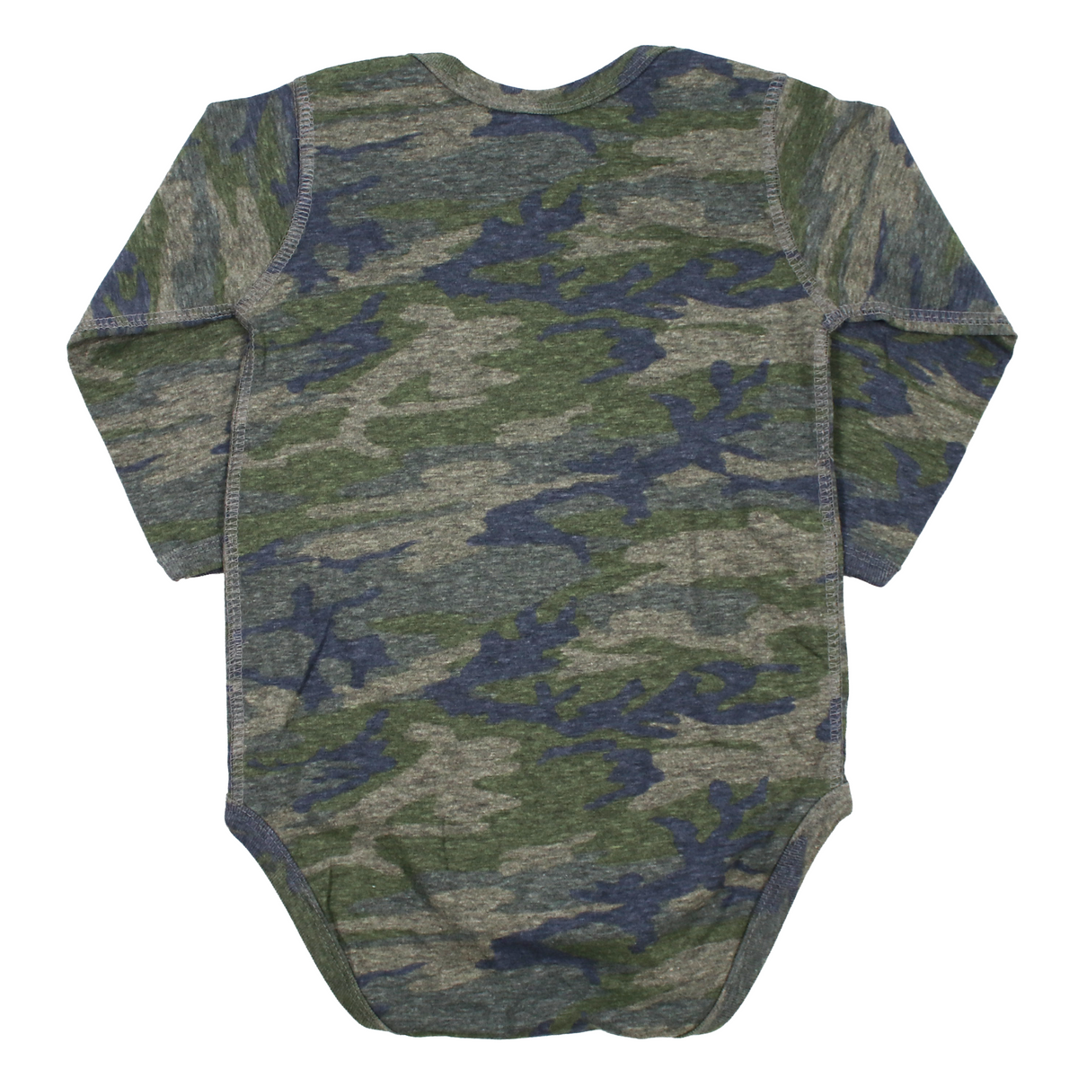 Back of a long-sleeve baby bodysuit with a green, blue, and gray camouflage pattern.