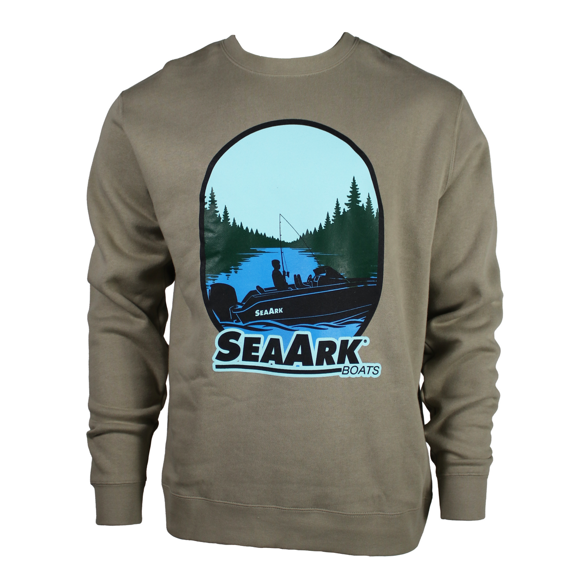 A taupe crewneck sweatshirt featuring a large circular graphic on the chest of a fishing scene in a lake surrounded by pine trees, with the text 'SEAARK BOATS' printed below.