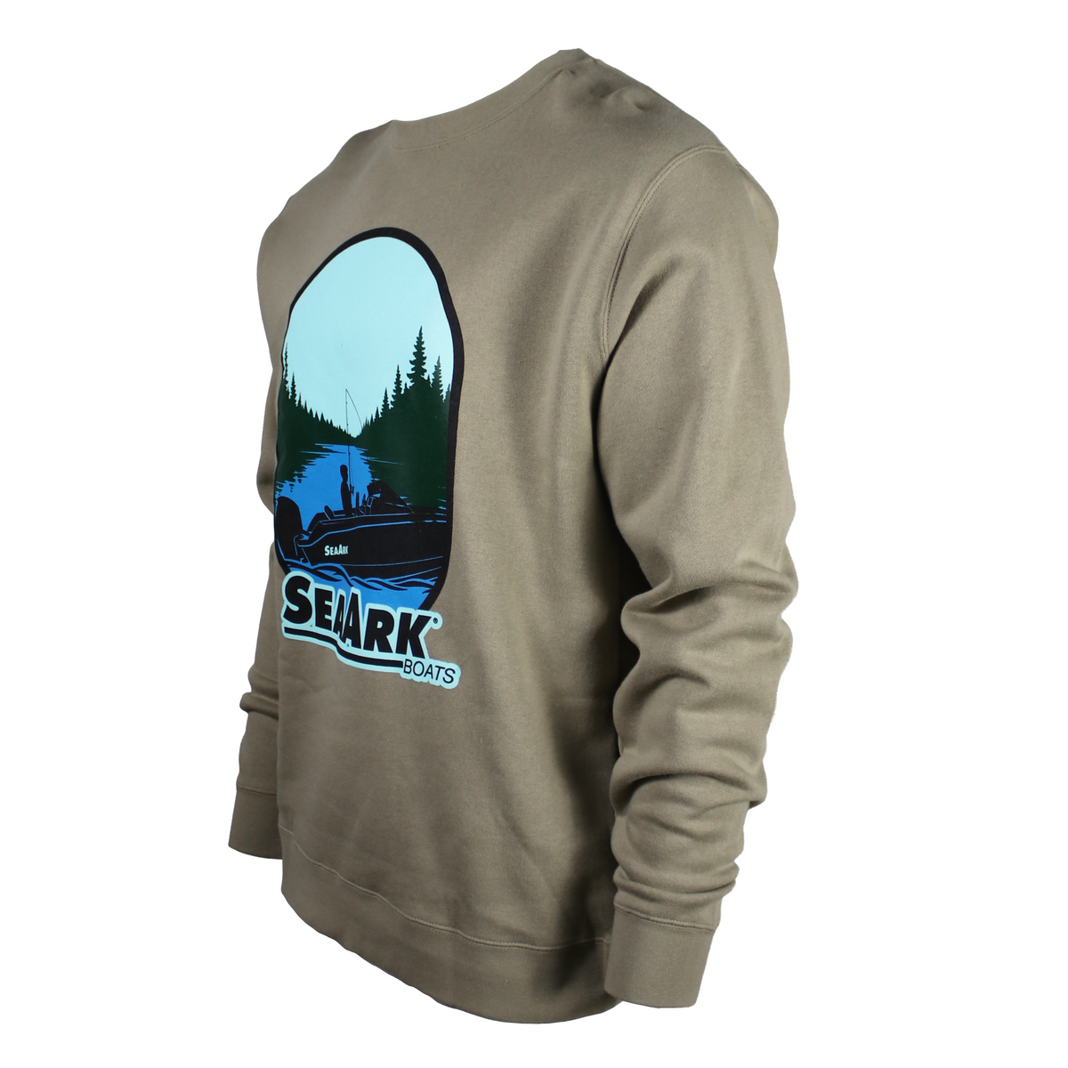 Side of a taupe crewneck sweatshirt featuring a large circular graphic on the chest.