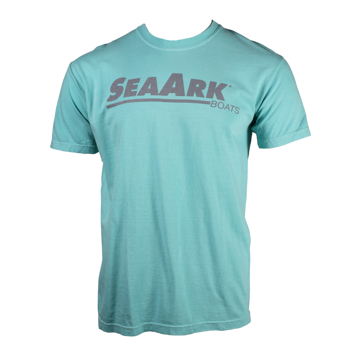 A light teal shirt with a grey sea ark logo printed on the chest.