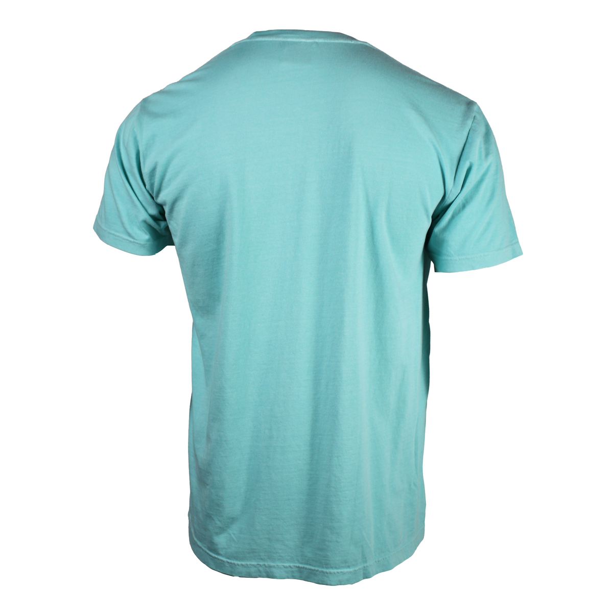 Back of a light teal short-sleeve t-shirt.