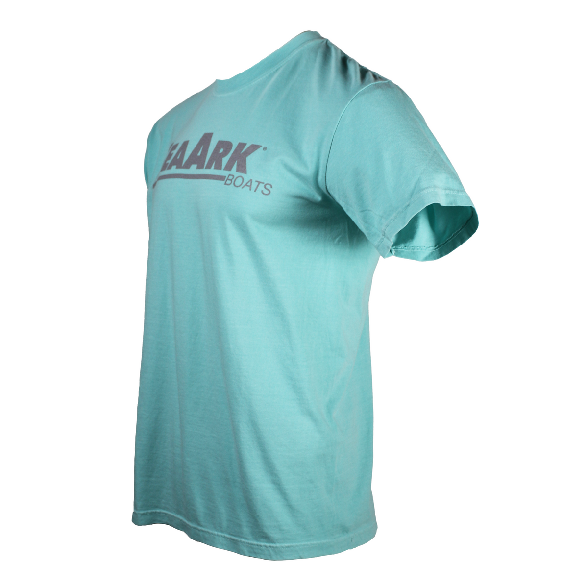 Side view of a light teal shirt with a grey sea ark logo printed on the chest.