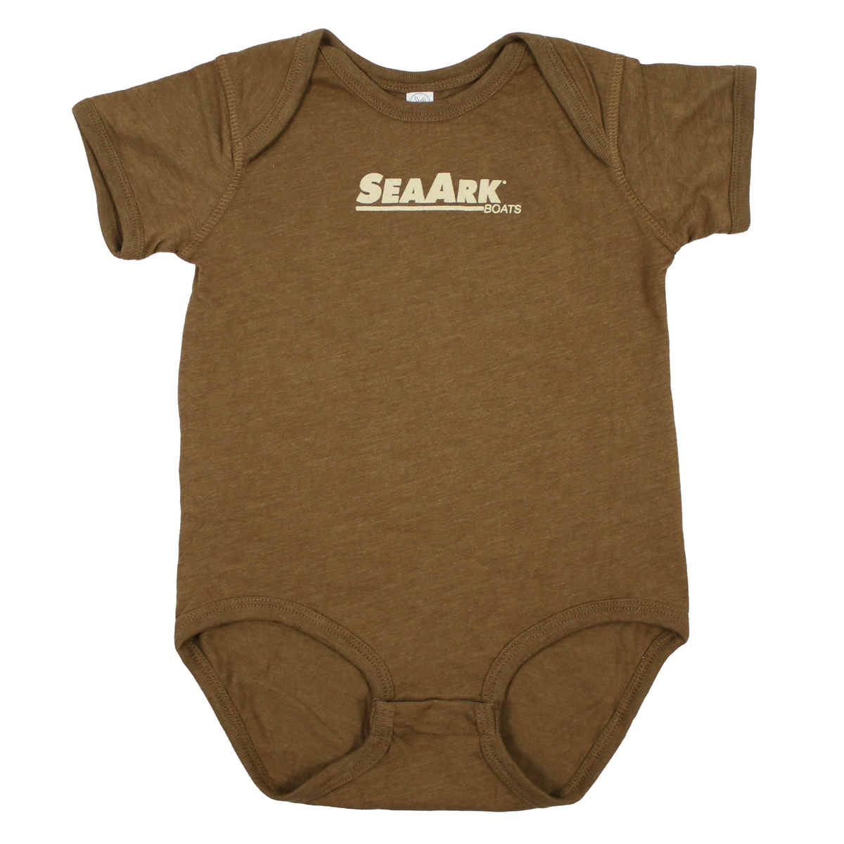 A short-sleeve baby bodysuit in heathered brown with a cream-colored 'SeaArk Boats' logo printed across the chest, displayed flat against a white background.