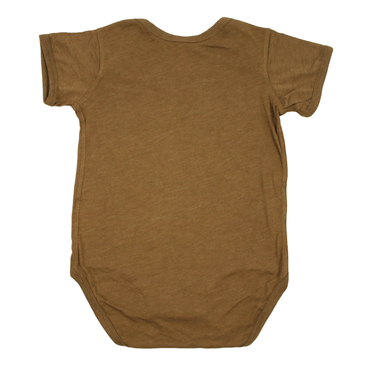A short-sleeve baby bodysuit in a heathered brown color, shown from the back against a plain white background.