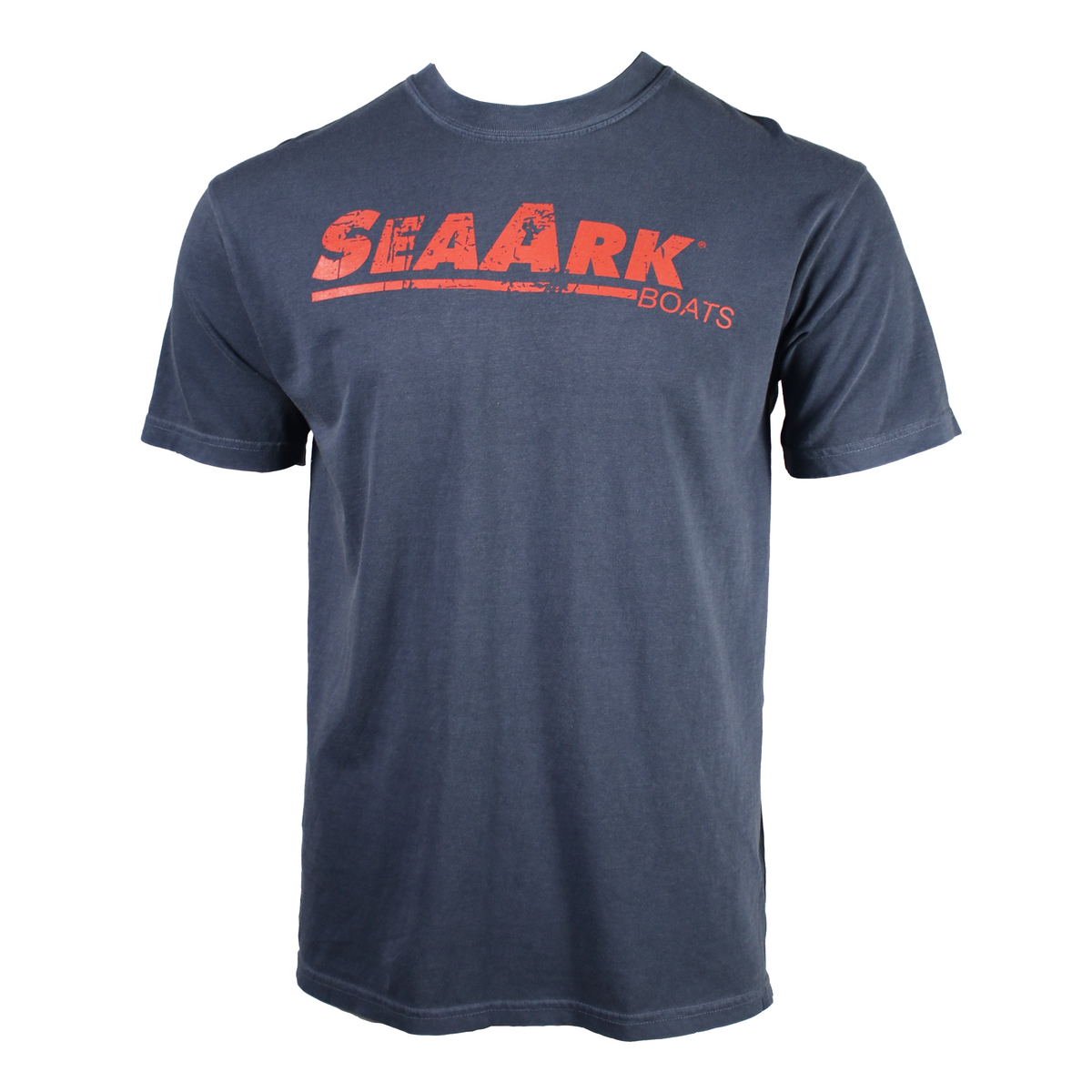A navy blue short-sleeve crewneck t-shirt featuring a distressed red 'SEA ARK BOATS' graphic printed across the chest, displayed on a clean white background.
