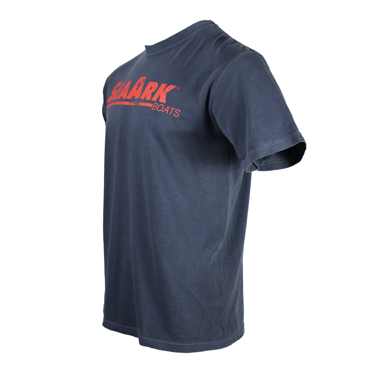 Side of a navy blue short-sleeve t-shirt with a red logo printed across the chest.