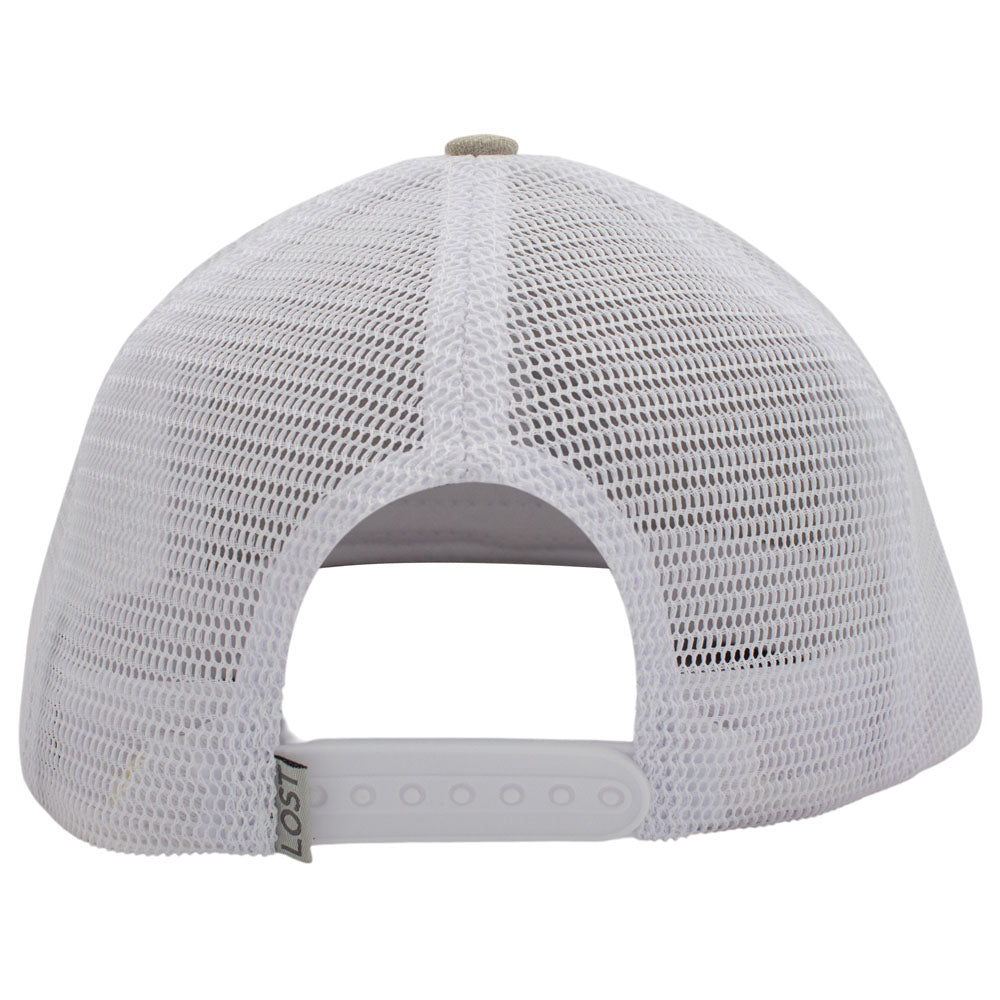 White mesh trucker cap shown from the back, featuring a white plastic snap closure and a small gray fabric tag with 'LOST' printed on it.
