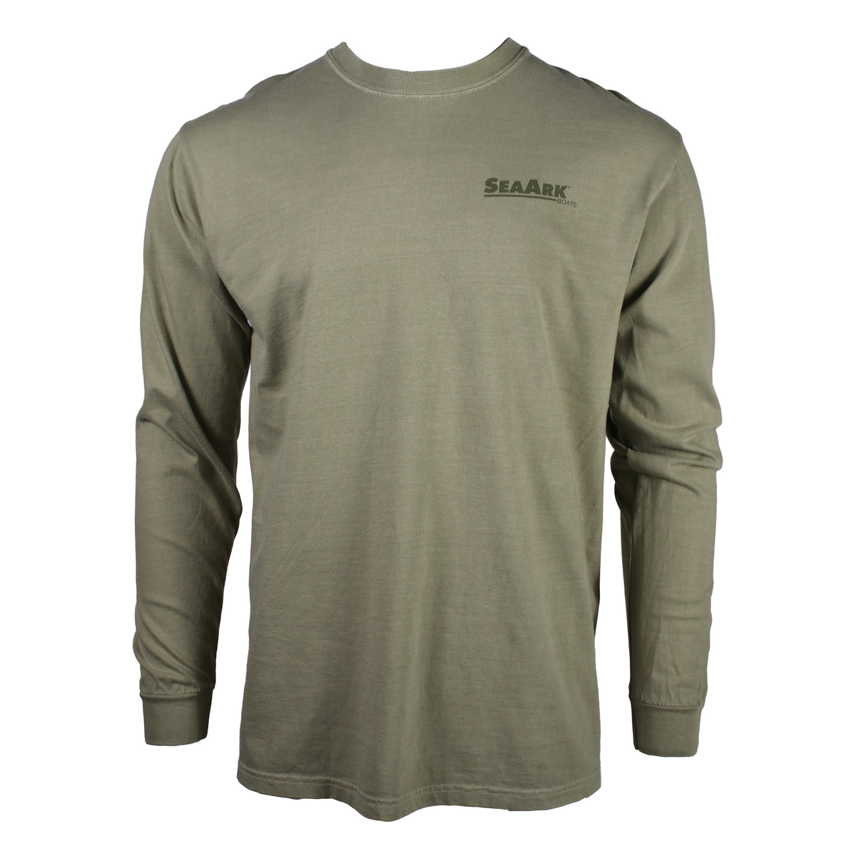 An beige long-sleeve crewneck t-shirt with a small dark 'SEAARK' logo printed on the left chest, displayed on a clean white background.