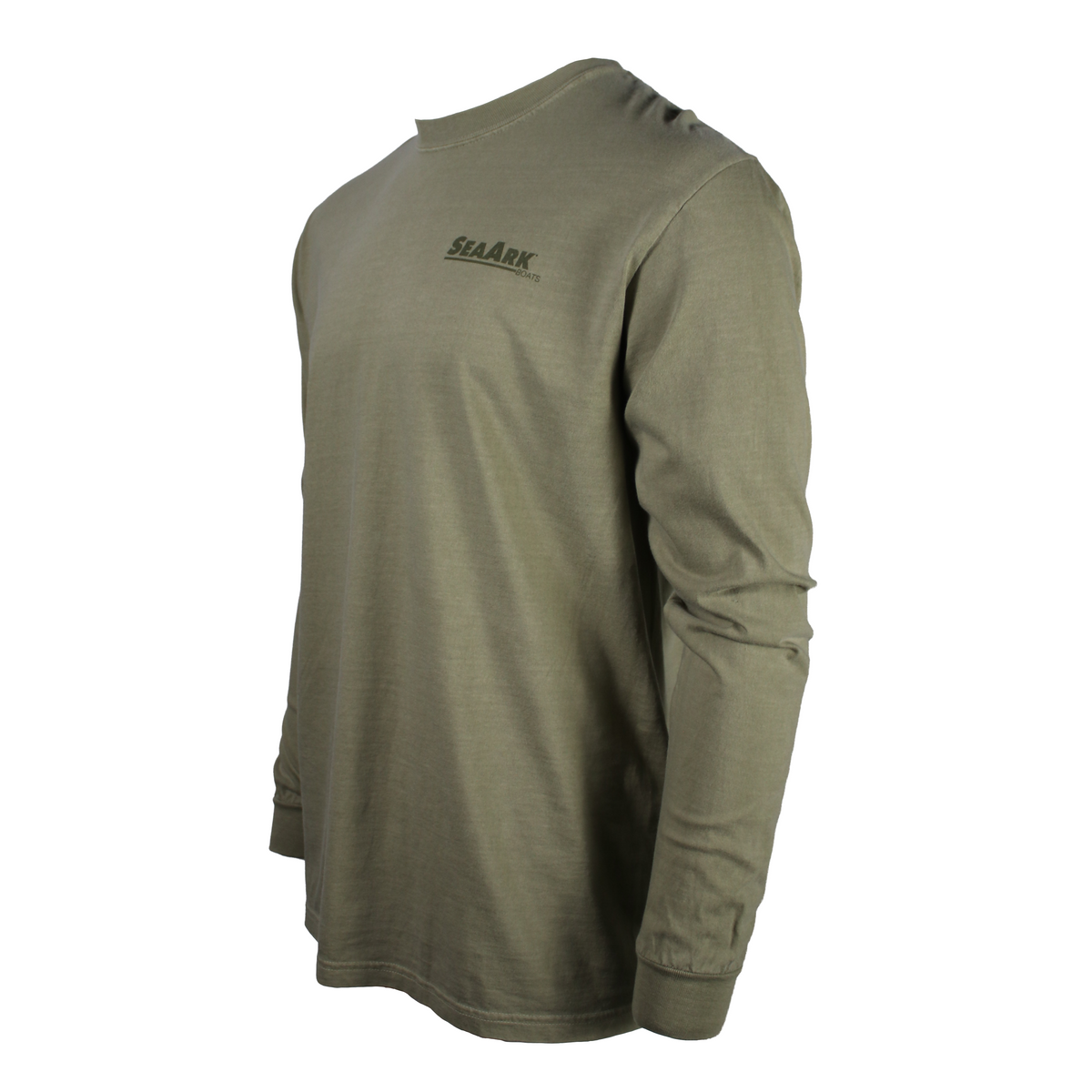 Side of a beige long sleeve shirt with a matching Sea Ark logo printed on the left chest.