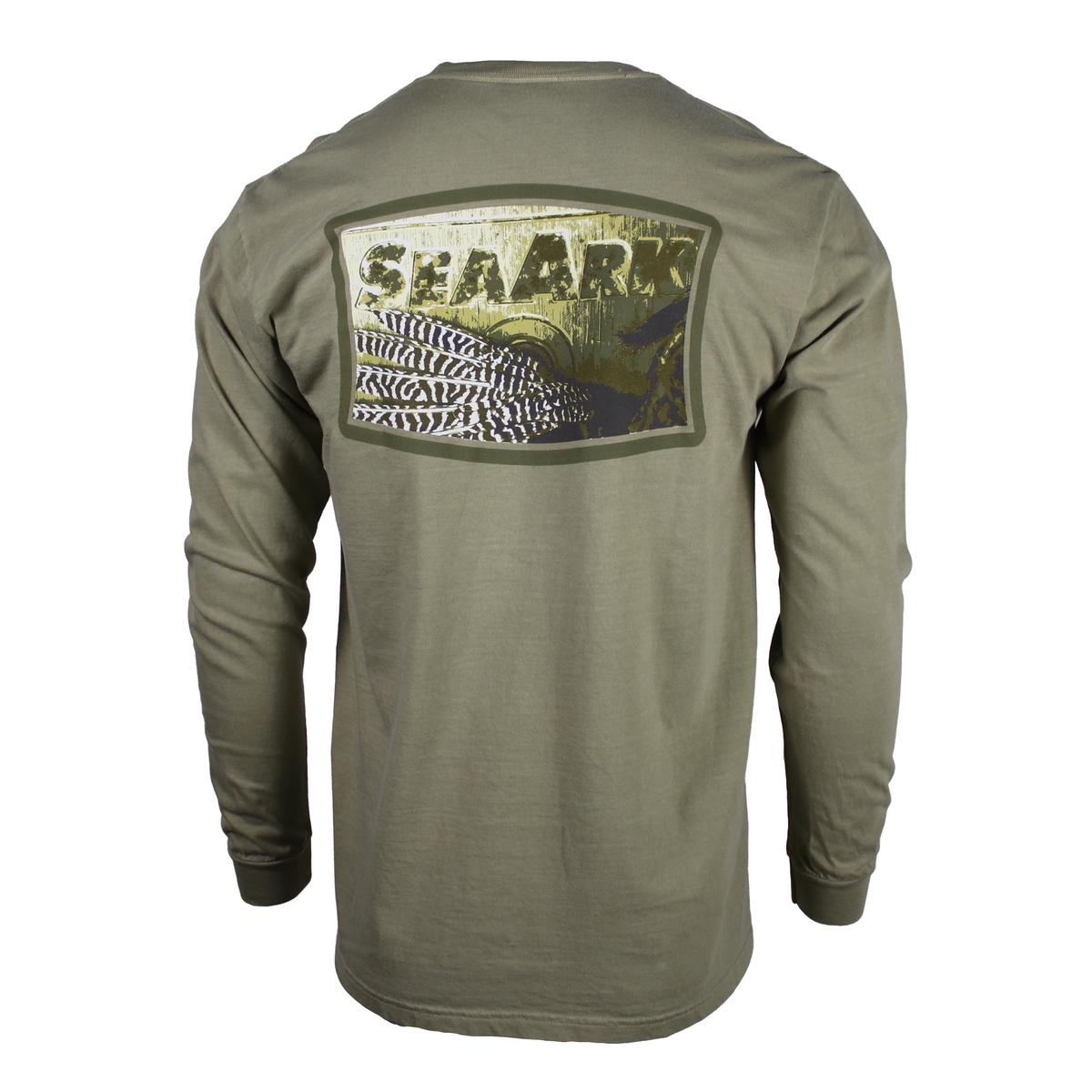 A beige long-sleeve t-shirt shown from the back, featuring a large distressed graphic print of a feather and the brand name 'SEAARK' on the upper back.