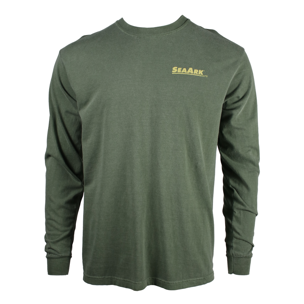 An green long-sleeve crewneck t-shirt with a small yellowish 'SEAARK' logo printed on the left chest, displayed on a clean white background.
