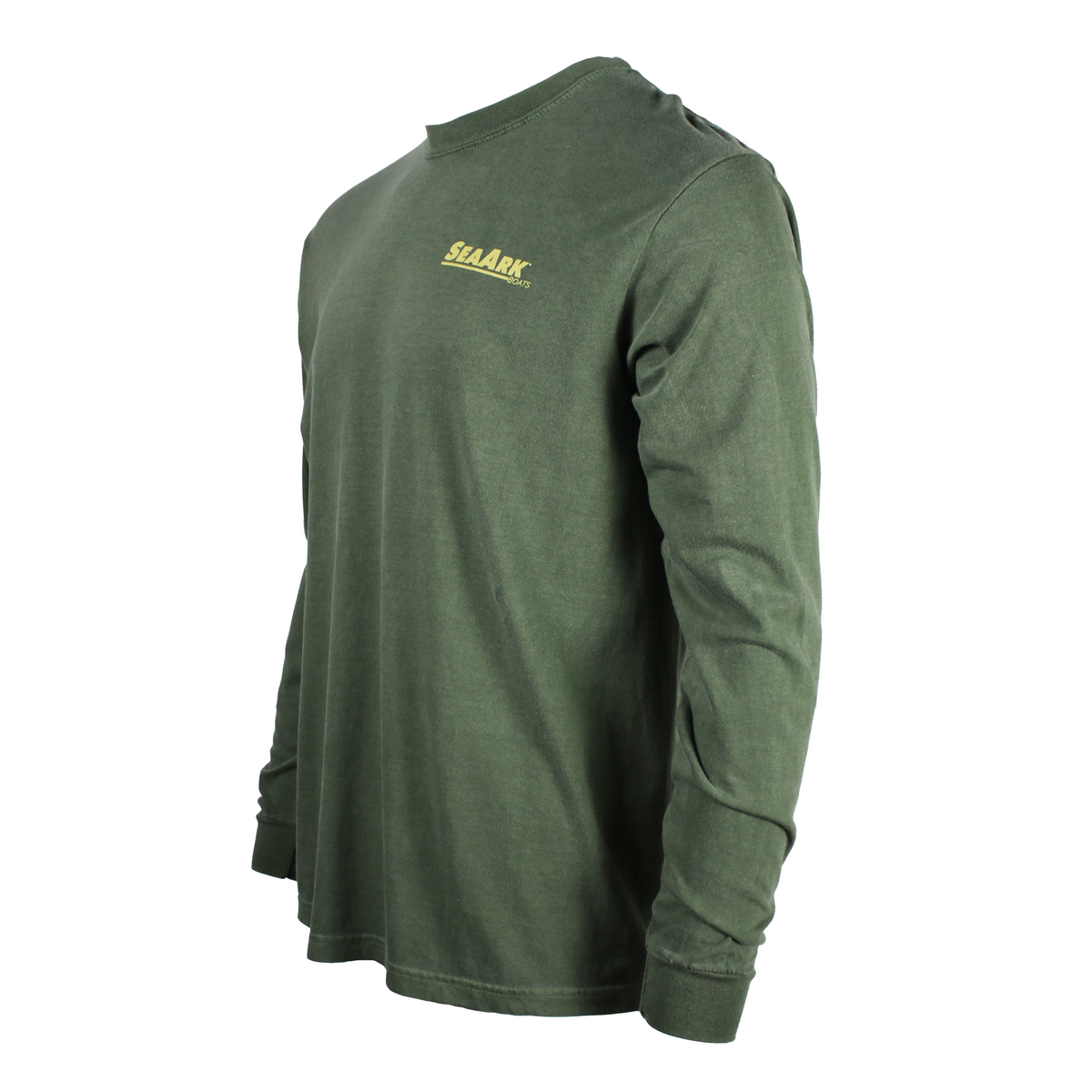 Side of a green long sleeve shirt with a light yellow-green Sea Ark logo printed on the left chest.