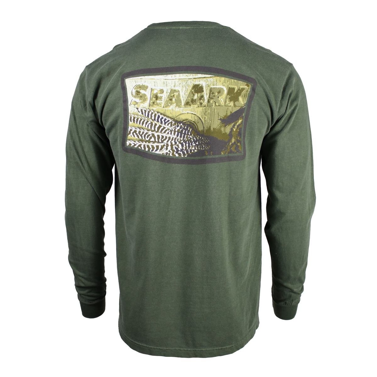 A green long-sleeve t-shirt shown from the back, featuring a large distressed graphic print of a feather and the brand name 'SEAARK' on the upper back.